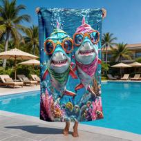 Cartoon funny underwater shark polyester microfiber beach towel is highly absorbent, suitable for swimming and beach outings 27x55inch 70x140cm&1pc