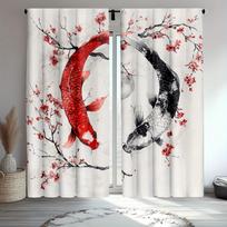 Ukiyoe Koi Carp Pattern Curtains Polyester Fabric Suitable Bedroom Living Room Decoration Made Of Machine Washable Area Window Treatment W100*H70(CM)-Rod Pocket&1PCS