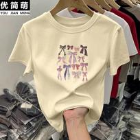 Women Multi Bowknot Graphic Crew Neck Short Sleeve Casual T-shirt S geltona