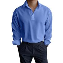 Men Lapel Half Placket Solid Long Sleeve Henley Casual Shirt S mėlyna