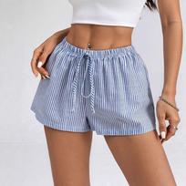 Spot cross-border women's clothing Amazon hot-selling high-waisted striped shorts summer lace-up casual sweatpants women's hot pants S dangaus mėlyna spalva