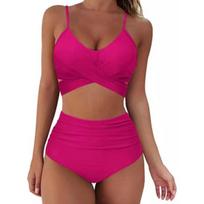 2Pcs/Set Printing Swimsuit Split Type Leopard Front Cross Bikini Set Beach L rožinė raudona spalva