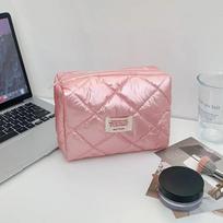 Women Travel Toiletries Washing Organizer  Large Capacity Make Up Kit Pouch Pouch New Fashion Rhombus Shiny Clutch Cosmetic Bag rožinė