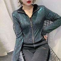 Women's Long Sleeve Glitter Nightclub Casual Jacket Slim Glowing Sports Jacket XS gray