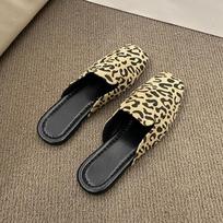 Fashion 2024 Leopard Women Mules Shoes Slippers Flats Suede Summer  Square Toe Designer Outdoor Slingback Sandals Zapatos Mujer Slide 35 pilka spalva