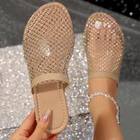 Madingi moteriški šlepetės 2024 Moterims Vasarinės Naujos Vandens Deimanto Plokščiu Apvaliu Galu Šlepetės Namų Neslystančios Sandalai Šlepetės Moterims Zapatos De Mujer 36 auksas