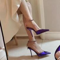 Fashion One Buckle Strap Pointed Toe Hollow Red Sole High Heel Sandals Women's Stiletto Sexy High Heels 34 violetinė