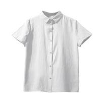 Women Point Collar Full Button Short Sleeve Solid Linen Casual Blouse S balta