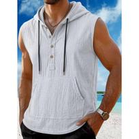Men Hooded Drawstring Half Button Sleeveless Pocket Linen Vest S balta