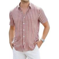 Men Vertical Stripe Lapel Short Sleeve Linen Blend Button Down Shirt S raudona