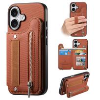 Magnetic Zipper Elastic Wrist Strap Cards Solt Wallet Leather Case For iPhone 17 17 Air 16 Plus 15 14 13 12 kickstand Flip Cover iPhone 15 oranžinė