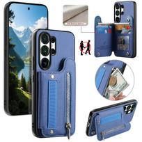 Magnetic Zipper Elastic Wrist Strap Cards Solt Wallet Leather Case For Samsung S25 Ultra S24 Plus S23 A17 A07 kickstand Cover Samsung Galaxy M36 mėlyna
