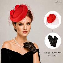 Vintage Fascinator Hat and Lace Gloves Set Birdcage Veil Headpiece for Women Formal Party Costume Accessories 2pcs raudona
