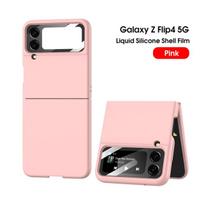 For Samsung Galaxy Z Flip 4 Case Luxury Skin Friendly Plain Liquid Silicone Mirror Film Folding Shockproof Protection Back Cover For Samsung Z Flip 4 rožinė
