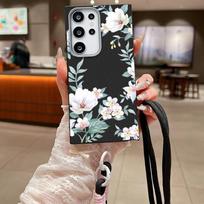 For Samsung S25 Ultra S24 FE S23 S22 A16 A56 A36 A55 A26 A35 Case Flower Pattern Slim Shockproof Matte Leather Texture TPU Soft Lanyard Phone Cover Samsung S25 juoda