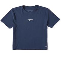 Life is Good. Women's Clean Shark Short Sleeve Crusher Boxy Tee, Darkest Blue L