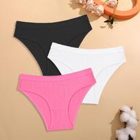 FINETOO 3Pcs/Set Cotton Striped Stretchy Underwear Women's Low Waist Panties Sexy Elastic Wide Belt Solid Color Briefs Comfort Lingerie S