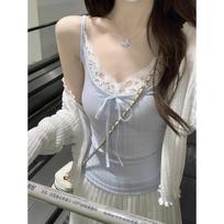 Women Lace V Neck Ribbed Cami Top + Ruffle Knit Cardigan Two Piece Set XL mėlyna