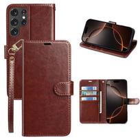 Flip Leather Wrist Strap Phone Case for Samsung S25 FE S23 Ultra S24 Plus A26 A16 A17 A36 A56 Wallet Card Slots Holder Cover Galaxy S25 FE ruda