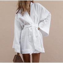 Women's Lace Up Mini Dress Spring Long Sleeve V-neck Cotton Linen Sashes Dresses Casual Loose Kimono Cardigan Dress 2026 S balta