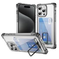 Smūgiams atsparus akrilo kortelių lizdo laikiklis skaidrus telefono dėklas, skirtas iPhone 15 14 13 12 11 Pro Max 15Plus 14Plus metalinis kicsstand buferio dangtelis For iPhone 15 Pro juoda