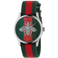 Gucci YA1264148 G-Timeless Bee audinio dirželio vyriškas laikrodis 38mm raudona