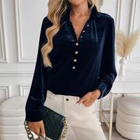 Women Ruffle Collar Full Button Lantern Long Sleeve Solid Velvet Blouse S mėlyna