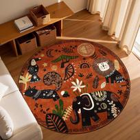 Tribal Safari Round Rug Orange Base Elephants Lions and Ethnic Patterns 60cmx60cm