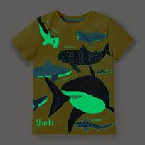 2-7 Years Kids Luminous Cartoon Shark Dinosaur T-shirt 100% Cotton Baby Boys Tees Summer New Short Sleeve Tops 110
