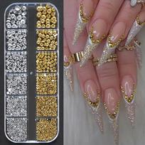 12Grid/box Gold Silver Half Round Caviar Bead Nail Charms 1/2/3/5mm Flatback Round Steel Nail Bead Micro Ball Manicure Bead black