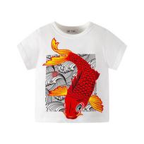 Summer Kids' Short Sleeve Carp Print Cotton T-shirt - Chinese Style Boys' Top 120 cm