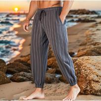 Men Vertical Striped Drawstring Elastic Waist Cuffed Ankle Casual Beach Jogger Pants S pilka spalva