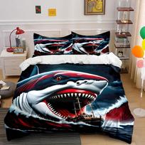 3Pcs Shark Attacking Wooden Ship Print Bedding Set 1 Duvet Cover 2 Pillowcases For Adult And Children Luxury Gift Full Size EU Twin 135X200cm&set