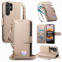 Samsung Galaxy S26 S25 Edge S24 S23 S22 Ultra piniginės tipo dėklas - Užtraukiama piniginė su 3 kortelių angomis, stoveliu ir riešo dirželiu, mielas dėklas For Galaxy S22 chaki