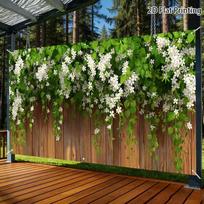 2D Rustic Wood Plank Hanging White Jasmine Green Vine Floral Backdrop Garden Wall Tapestry 47.2x31.5inch/120*80cm