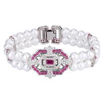 Vintage Double-Row Pearl Red Corundum, Blue Spinel Square Diamond-Set Bracelet Y546