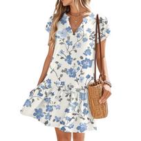 Women's Dresses Short Sleeve V-Neck Floral Printed Loose Casual Temperament Beach Dresses XL
