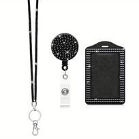 Retractable Lanyard Shiny Finish Badge Reel Rhinestone Decorated ID Holder Keychain  for Students juoda