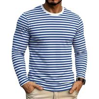 Men Crew Neck Blue White Horizontal Striped Slim Fit Long Sleeve T Shirt M mėlyna