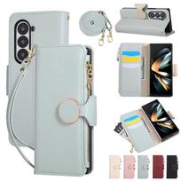 Crossbody Wrist Strap Zipper Wallet Cards Holder Phone Case for Samsung Galaxy Z Fold 7 6 5 4 Fold7 Fold6 Lanyard Leather Cover Galaxy Z Fold7 žalsvai mėlyna