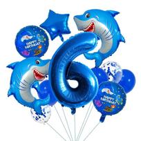 14Pcs Sea Animal Shark Birthday Party Balloon Decoration Blue Number Baby Shower Balloons Shark Cartoon Aluminum Foil Balloon 32inch