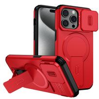Wefor dėklas iPhone 15/14/13/12/11 Pro Max 15 Plus, su kameros valdymo dangteliu ir reguliuojamu stoveliu, suderinamas su magnetiniu iPhone 13 mini raudona