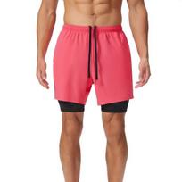 Men Shorts Adjustable Waist Drawstring Fake Two-Piece Design Moisture-Wicking Quick-Drying Running Sport Shorts XL rožinė raudona spalva