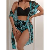 1 maudymosi kostiumėlio rinkinys su klevo lapų raštu, aukštu liemeniu, tinkliniu švarkeliu, trikampio formos, liekninantis, bikini maudymosi kostiumėlis, moteriškas rinkinys 3XL juoda