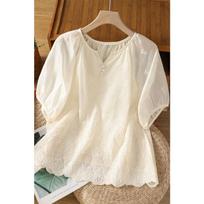 Women Round Neck Gathered Bubble Short Sleeve Paisley Embroidery Eyelet Hem Blouse M abrikosas