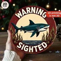 Vintage Round Metal Sign Shark Wall Decor Red Border Retro Cafe Art