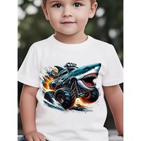 European sizes Summer Boys' Fashion Short-Sleeved  Shark Head Monster Car  Letter Element Dinosaur Print Outdoor Casual Top 110 balta