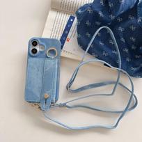 Crossbody Cards Solt Wallet Cowboy Ring Holder Case For iPhone 16 Pro Max 15 Plus 14 13 12 Long Lanyard Wristband Denim Cover For iPhone 14 Plus mėlyna
