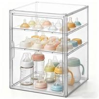 3 pakopų akrilinis kūdikio buteliukų organizatorius Skaidrus plastikinis buteliukų laikymo konteineris su stalčiais Stackable Countertop Station For Kitche įvairiaspalvis