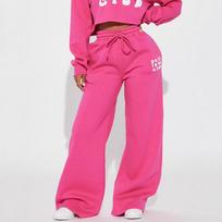 2026 Autumn Women's Casual High Waist Drawstring Sweatpants, Elastic Waist Pocketed Wide-Leg Pants with Letter Print, Pink Long Trousers S rožinė